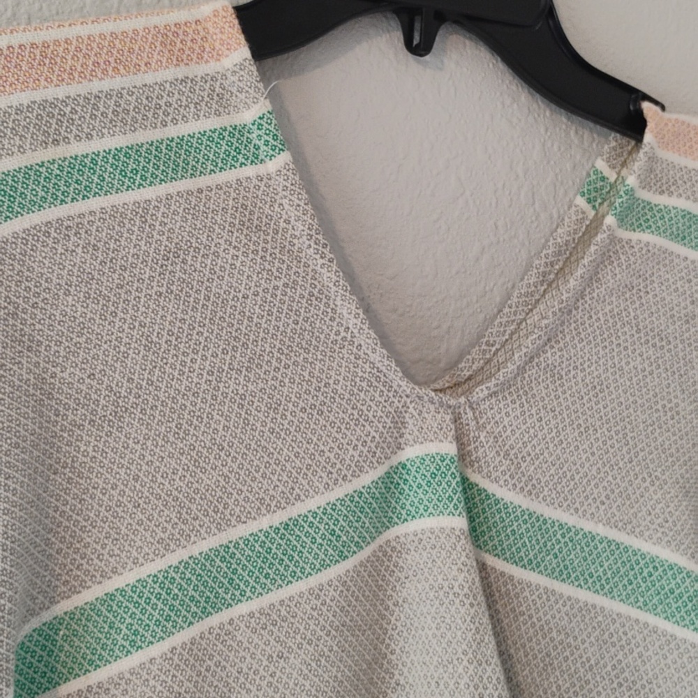 Women's Striped V-Neck Poncho Sweater in Mint and Beige - Picture 3 of 3